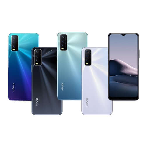 Vivo Y20s smartphone colors display with front and back view showcasing design features and sleek style.