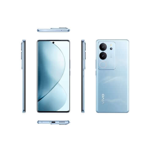 Vivo V29 Pro smartphone showcasing front, back, and side views with a sleek blue design and large display.