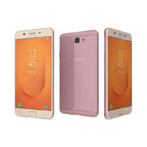 Samsung Galaxy J7 Prime mobile phone in rose gold color showcasing front and back views with smartphone display.
