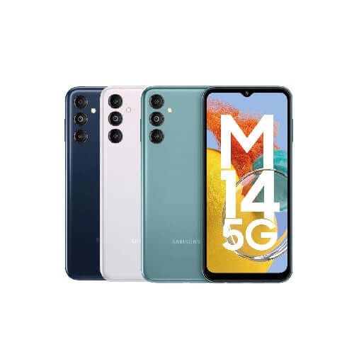 Samsung Galaxy M14 5G smartphone shown in multiple colors with detailed design and display features.