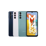 Samsung Galaxy M14 5G smartphone shown in multiple colors with detailed design and display features.