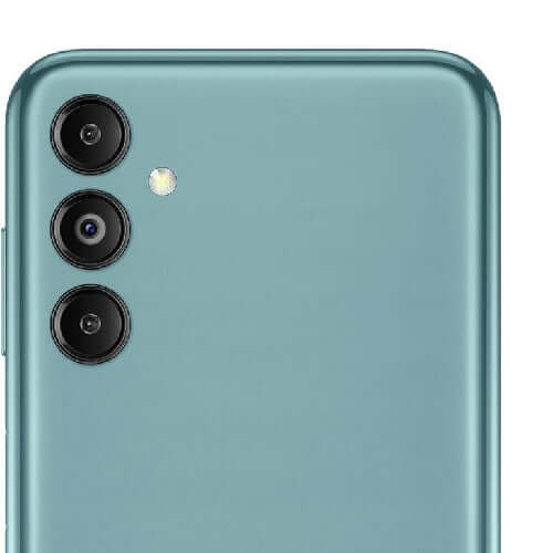 Samsung Galaxy M14 5G rear camera setup showcasing three lenses and flash.