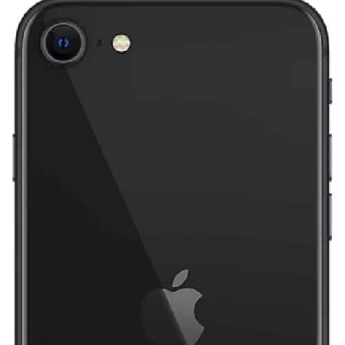 Apple iPhone SE rear view showing camera and Apple logo, sleek black design.
