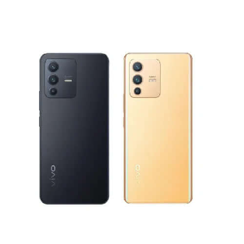 Vivo V23 5G smartphone showcasing black and gold colors with dual camera setup on the back.