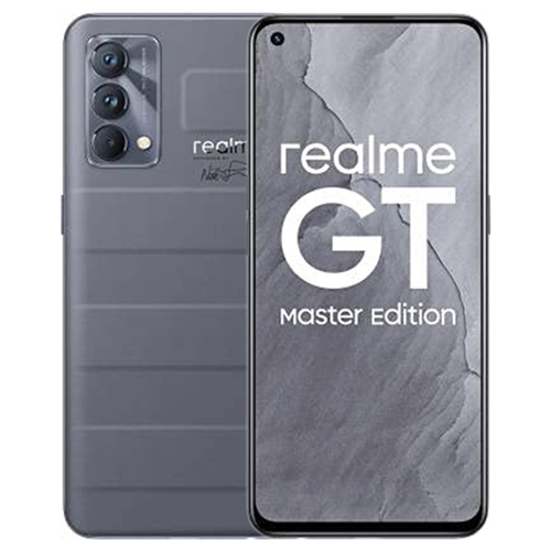 Realme GT Master Edition smartphone in gray color showcasing its sleek design and camera features.