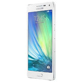 Samsung Galaxy A5 smartphone in pearl white color, showcasing touchscreen display and sleek design.