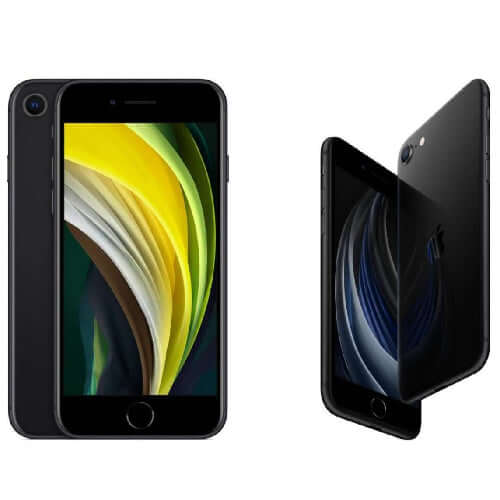 Apple iPhone SE showcasing front and back design in black color, 64GB storage, 4.7 inches display.
