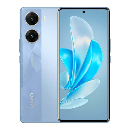 Vivo V29E smartphone front and back view in blue color, featuring dual cameras and a large screen.
