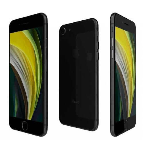 Apple iPhone SE 2020 in black colors showcasing front, back, and side views, featuring a 4.7 inch display.
