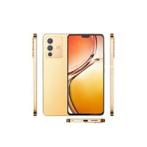 Vivo V23 5G smartphone in gold color, showcasing front, back, and sides in a stylish design.