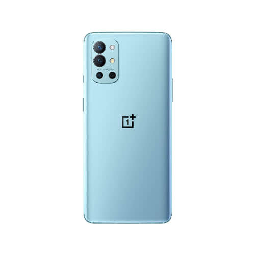 Back view of OnePlus 9R 5G smartphone in sky blue color showing camera lenses and OnePlus logo.
