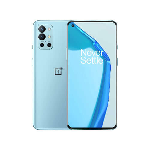 OnePlus 9R 5G smartphone in blue color showcasing its front and back design with the phrase Never Settle.