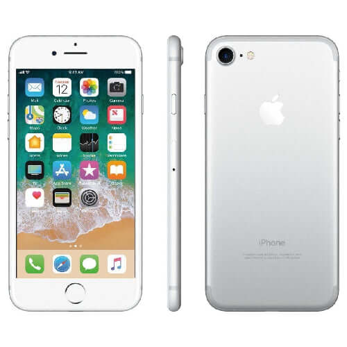 Apple iPhone 7 showcasing front, side, and back views with a silver finish.
