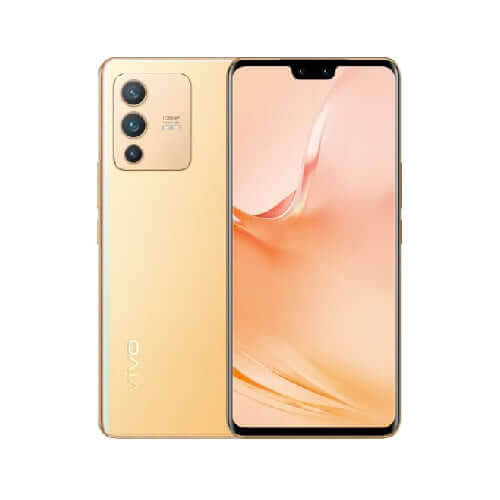 Vivo V23 5G smartphone in gold color featuring 128GB storage and 8GB RAM with a 6.44-inch display.