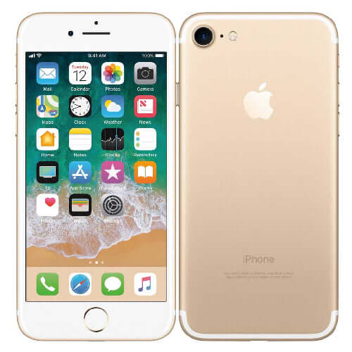 Apple iPhone 7 in gold color, showing front and back with apps displayed on screen.