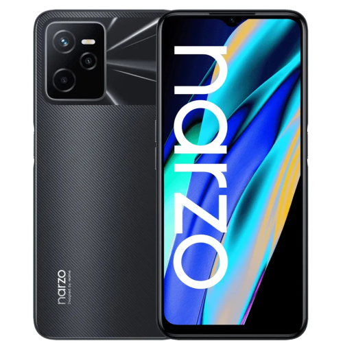 Realme Narzo 50A Prime smartphone in black, showcasing its sleek design and vibrant display.