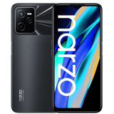 Realme Narzo 50A Prime smartphone in black, showcasing its sleek design and vibrant display.