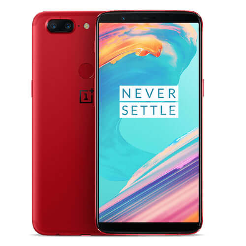 Oneplus 5T smartphone in red color with vibrant display showing NEVER SETTLE on screen.