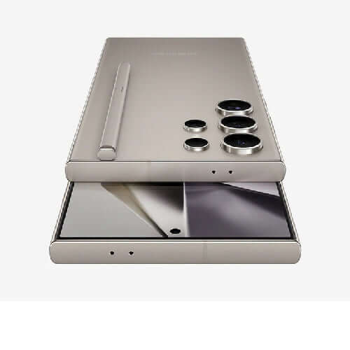 Samsung Galaxy S24 Ultra showcasing its sleek design and camera features from a top-down perspective.