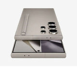 Samsung Galaxy S24 Ultra showcasing its sleek design and camera features from a top-down perspective.