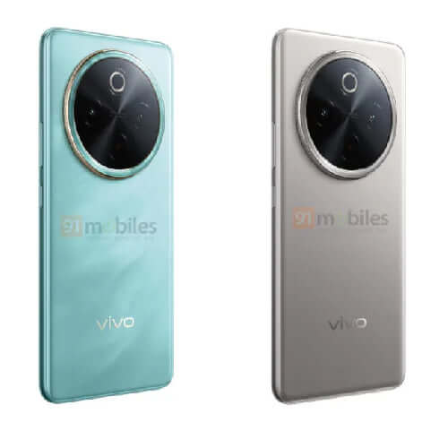 Vivo T4 5G smartphones in aqua green and silver showcasing their design and camera features.