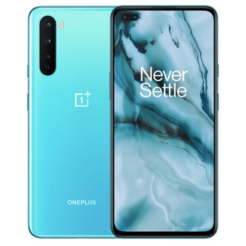 Oneplus Nord N100 smartphone in blue color showcasing the front and back, featuring display and camera.