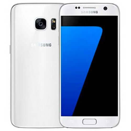 Samsung Galaxy S7 smartphone in white pearl, showcasing front and back views with a blue screen.