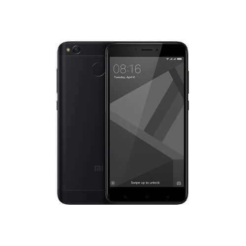 Xiaomi Redmi 4 4G smartphone front and back view in black with a digital clock display on the screen.