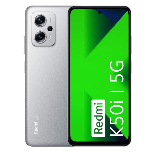 Xiaomi Redmi K50i 5G smartphone in quick silver color with a vibrant green display.