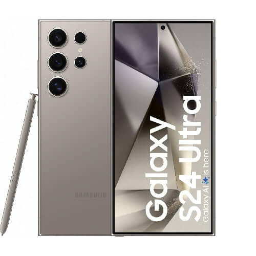 Samsung Galaxy S24 Ultra with sleek design and S Pen, showcasing its advanced camera features and display.