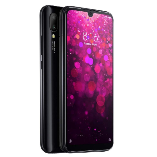 Xiaomi Redmi Y3 smartphone in black with pink bokeh background, 32GB storage and 3GB RAM.
