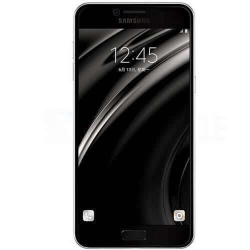 Samsung Galaxy C5 front view showing a sleek design and vibrant display with digital clock at 12:45.