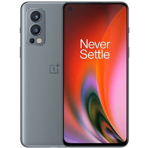 OnePlus Nord 2 5G smartphone with dual cameras and vibrant display showcasing Never Settle slogan.