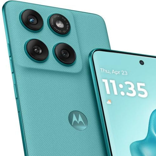 Motorola Edge 60 Fusion smartphone in turquoise with triple camera setup and display showing time.