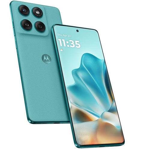 Motorola Edge 60 Fusion smartphone in teal showcasing its front and back design with camera features.