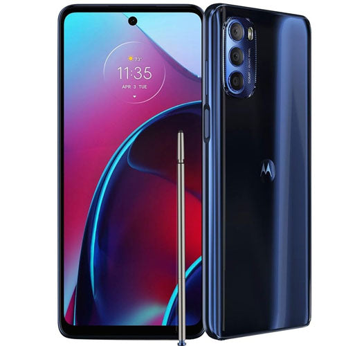 Motorola Moto E13 smartphone showcasing front and back design with stylus.
