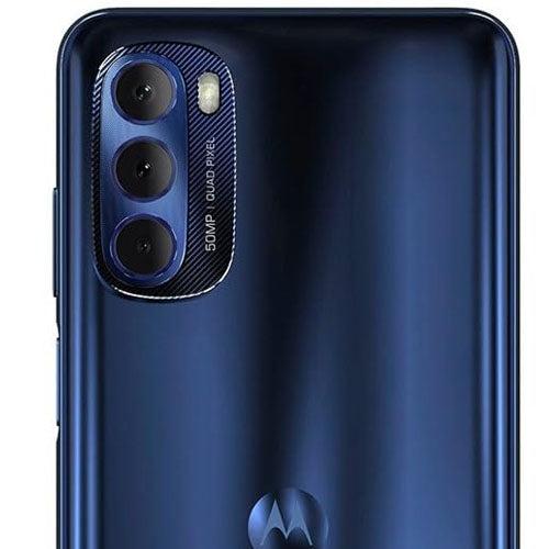 Motorola Moto E13 back view showcasing 50MP quad pixel camera design in blue color.