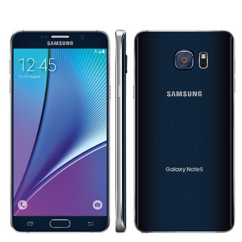 Samsung Galaxy Note 5 64GB in Sapphire Black showcasing front and back design.