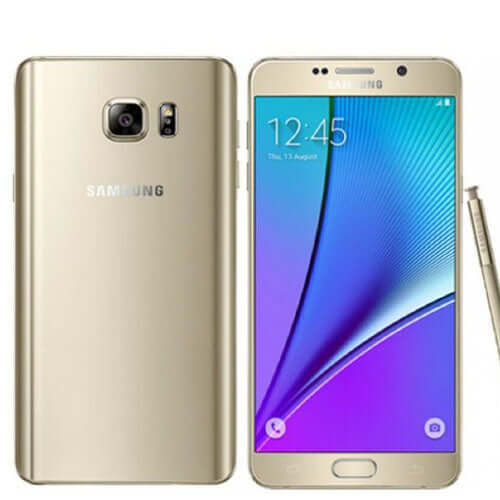 Samsung Galaxy Note 5 Single SIM Gold Platinum front and back view with stylus