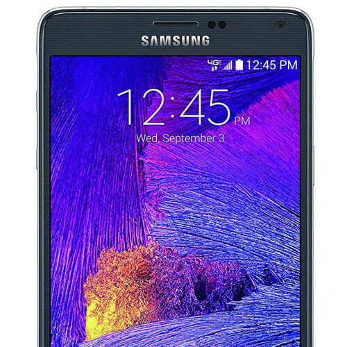Samsung Galaxy Note 4 with a Super AMOLED display showing time and date